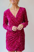 Sequin Surplice Long Sleeve Mini Dress - Girly Tea