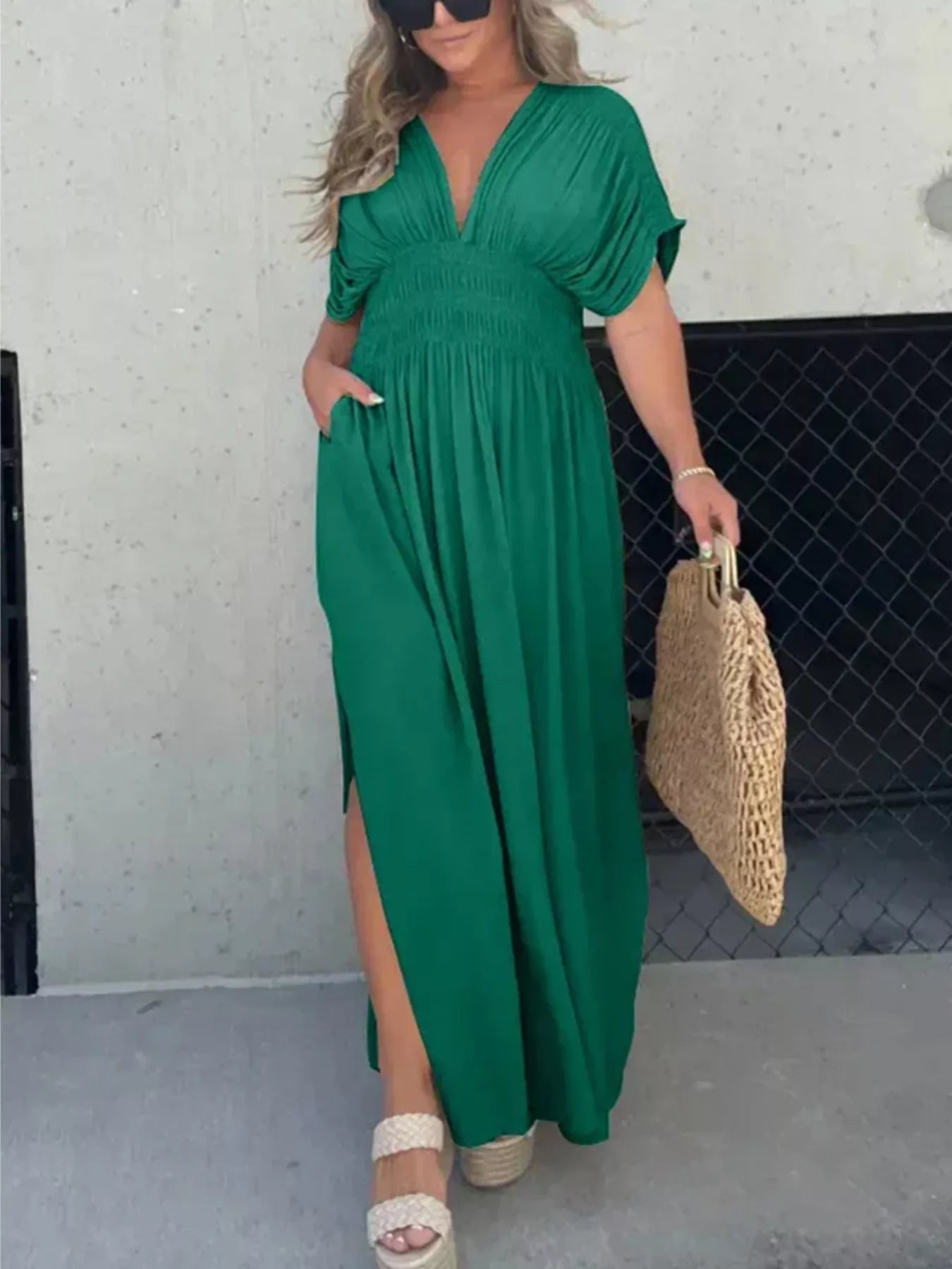Full Size Slit V-Neck Smocked Waist Maxi Dress Plus Size - Girly Tea