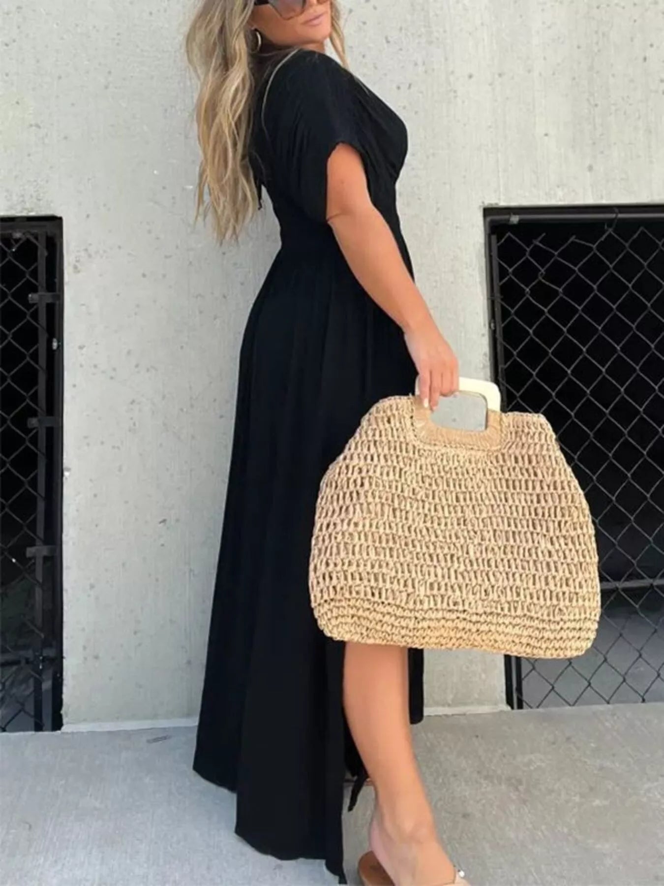 Full Size Slit V-Neck Smocked Waist Maxi Dress Plus Size - Girly Tea