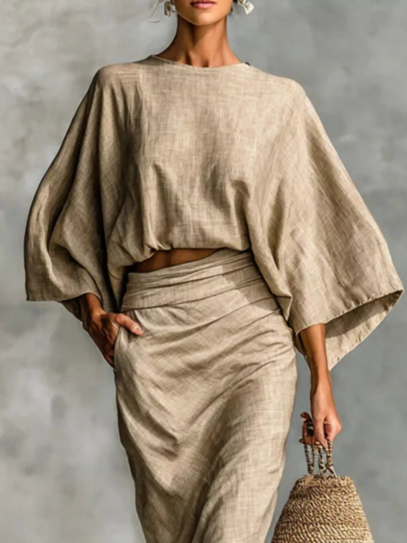 Full Size Kimono Sleeve Top and Ruched Skirt Set Plus Size - Girly Tea