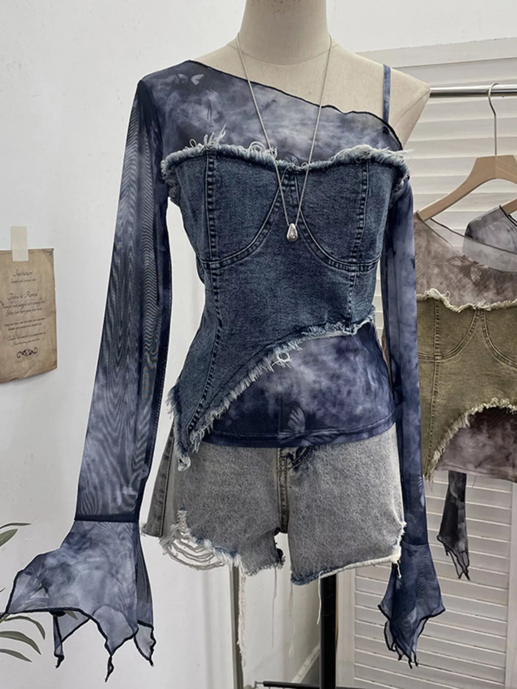 Asymmetrical Neck Denim Patchwork Top - Girly Tea