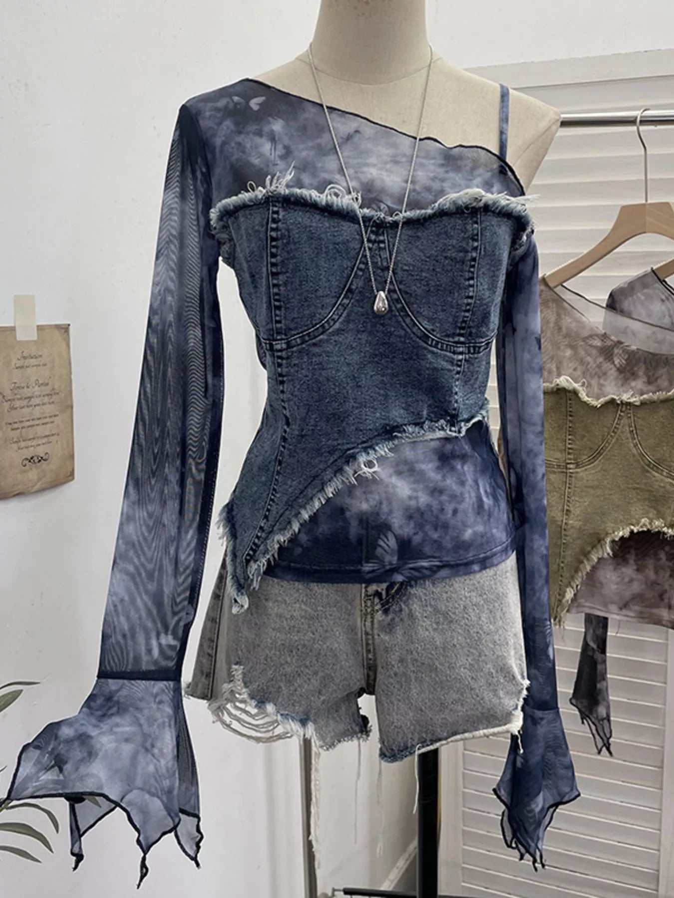 Asymmetrical Neck Denim Patchwork Top - Girly Tea