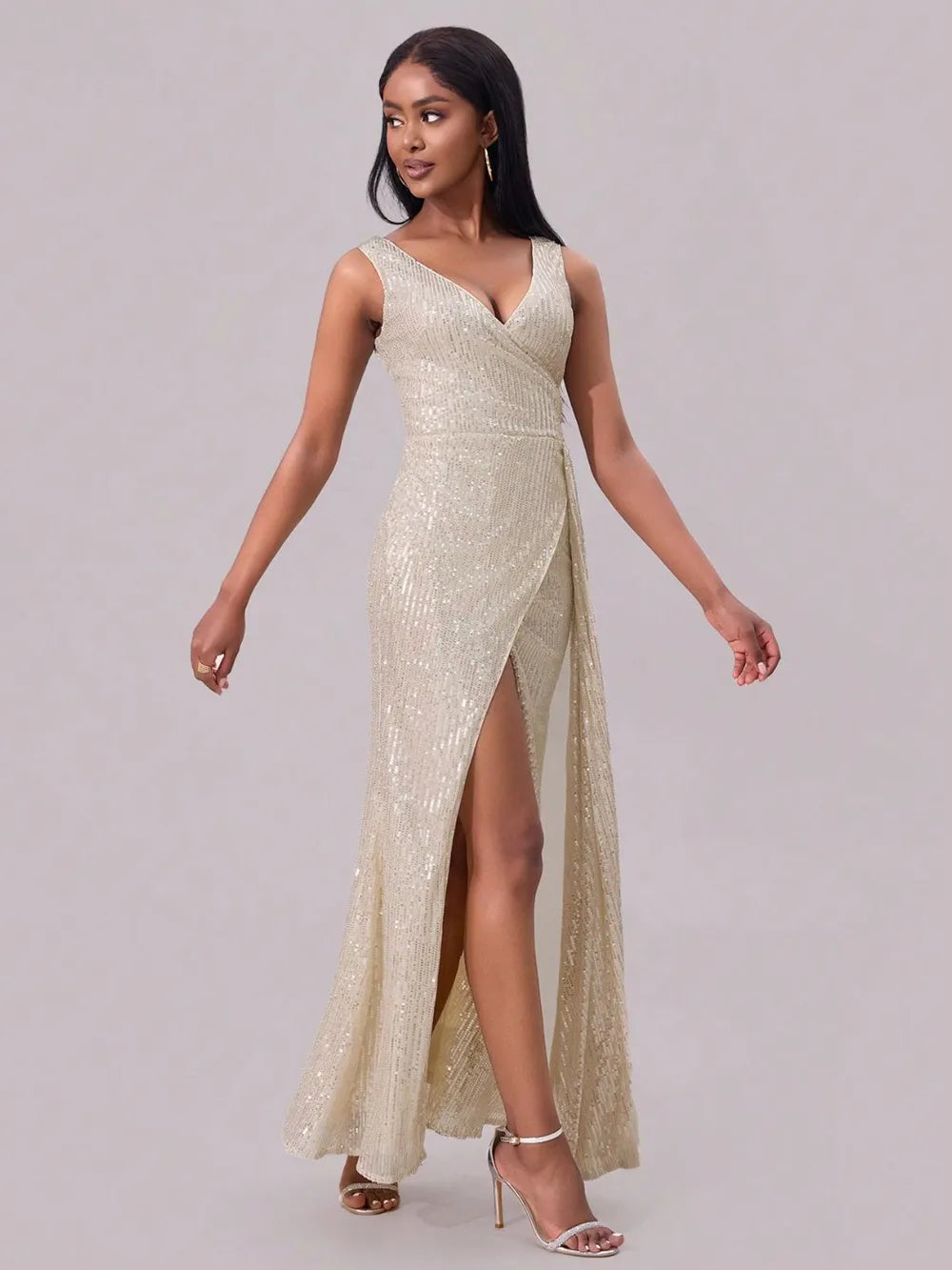 Slit Sequin Surplice Sleeveless Maxi Dress - Girly Tea