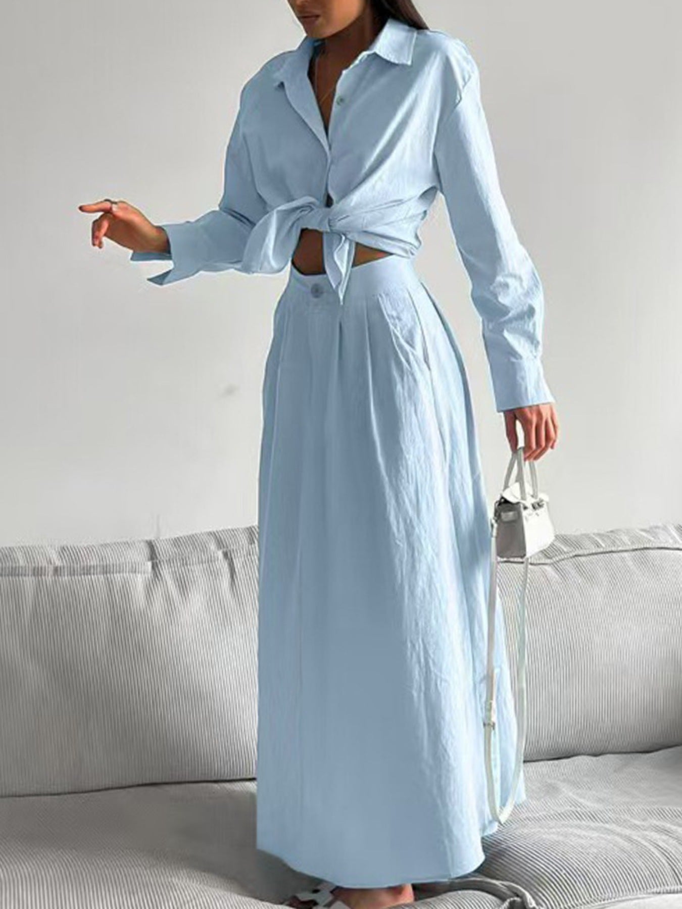 Tie-Front Shirt and Maxi Skirt Set - Girly Tea