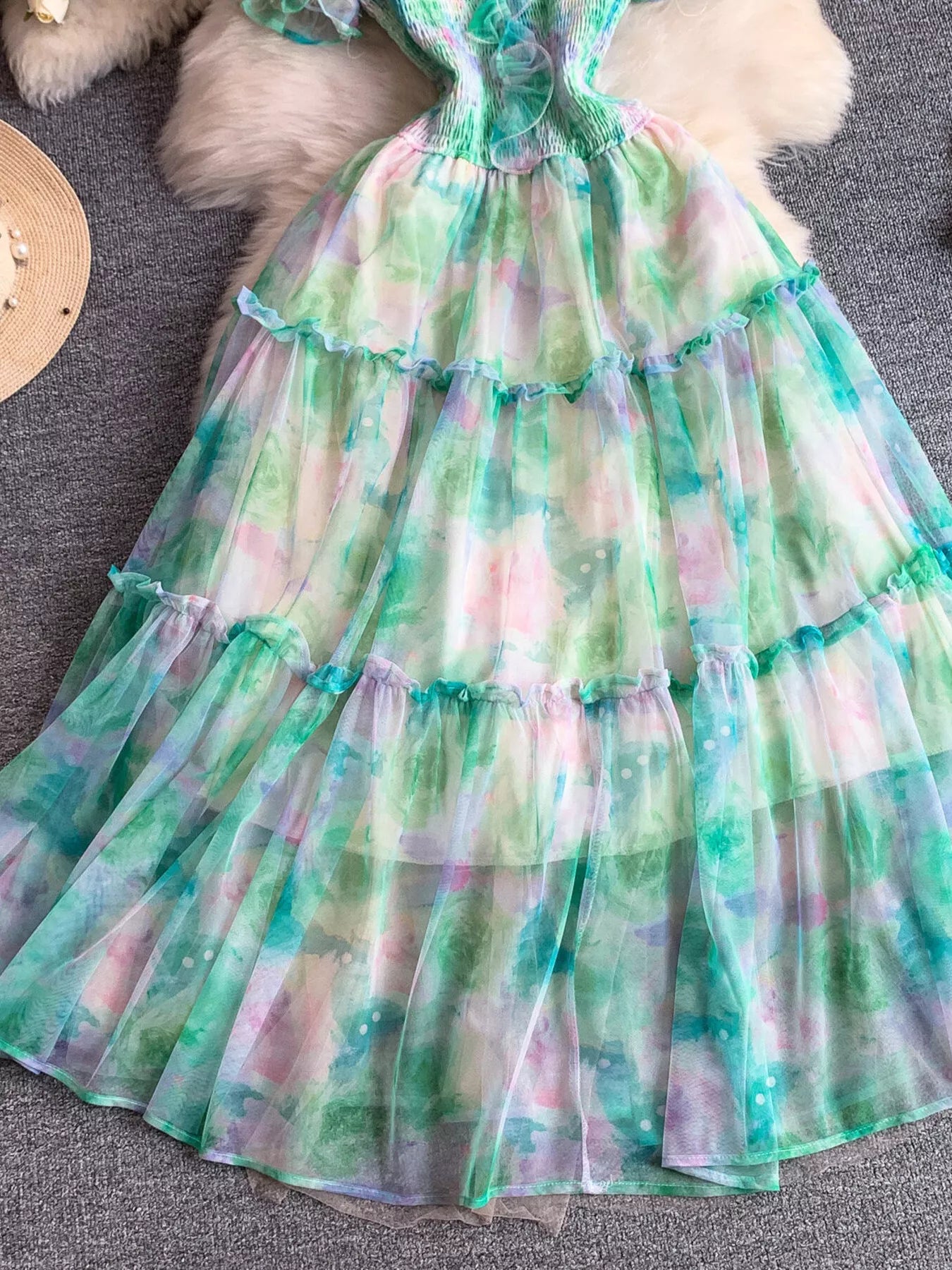 Smocked Floral Tiered Mesh Midi Dress - Girly Tea