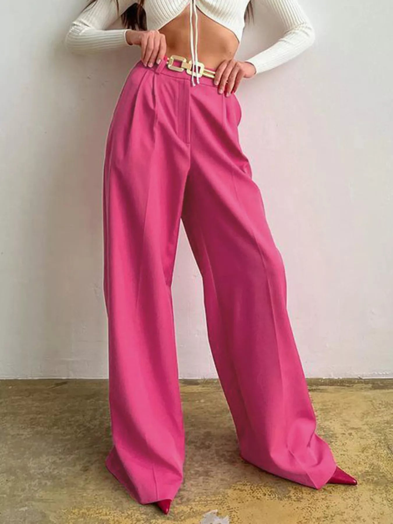 Wide Leg Pleated Pants - Girly Tea