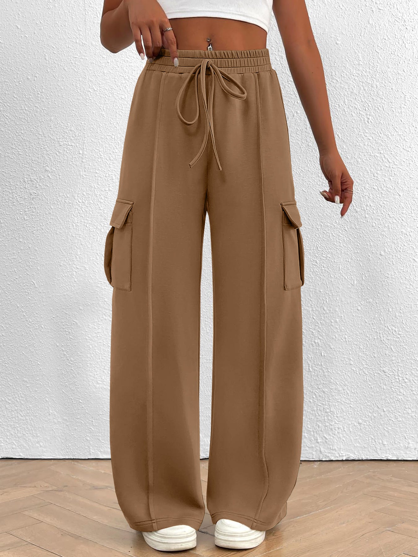 Casual High Waist Cargo Pants with Drawstring - Girly Tea
