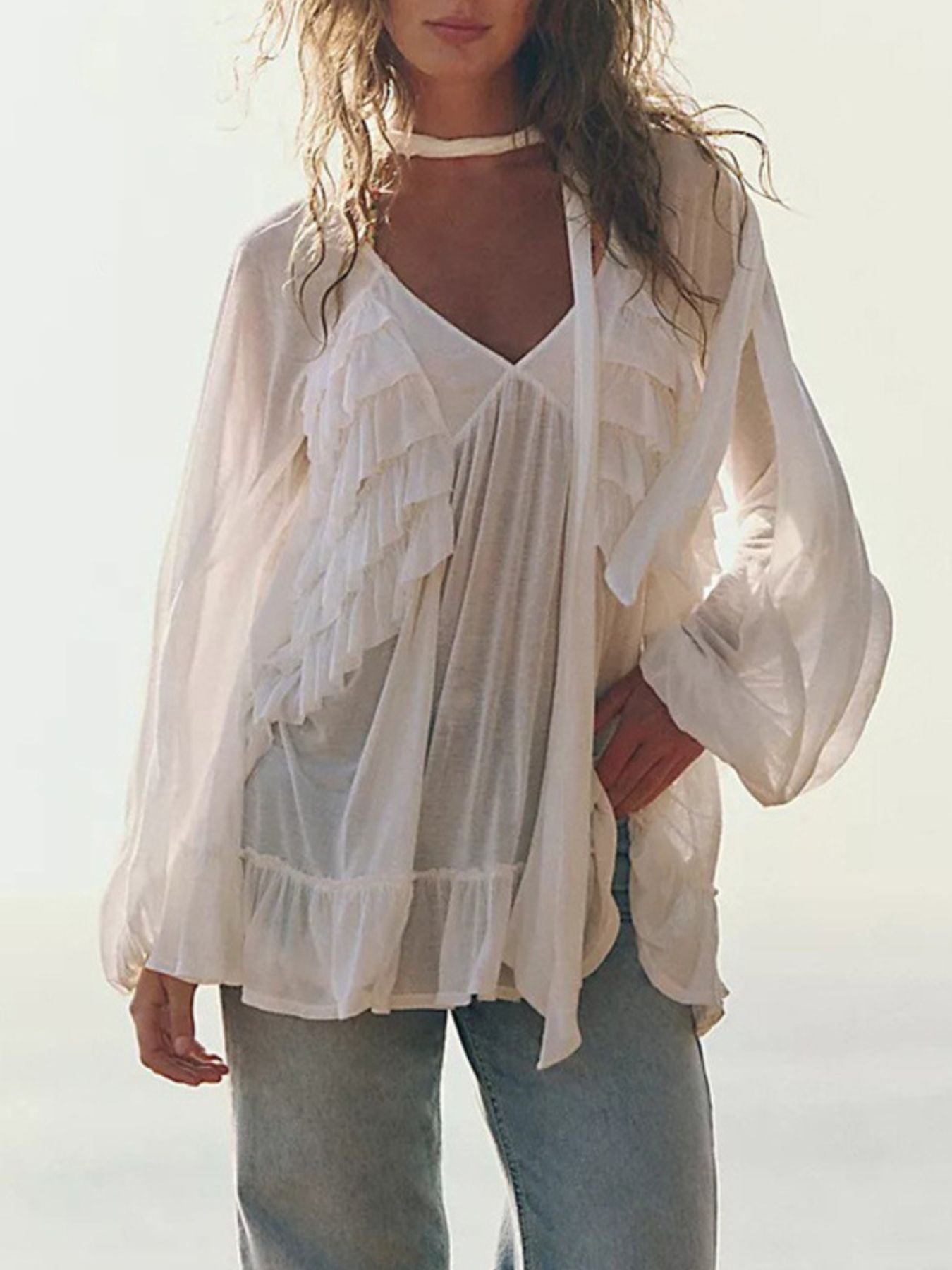 Sheer Ruffle Trim Beach Cover-Up - Girly Tea