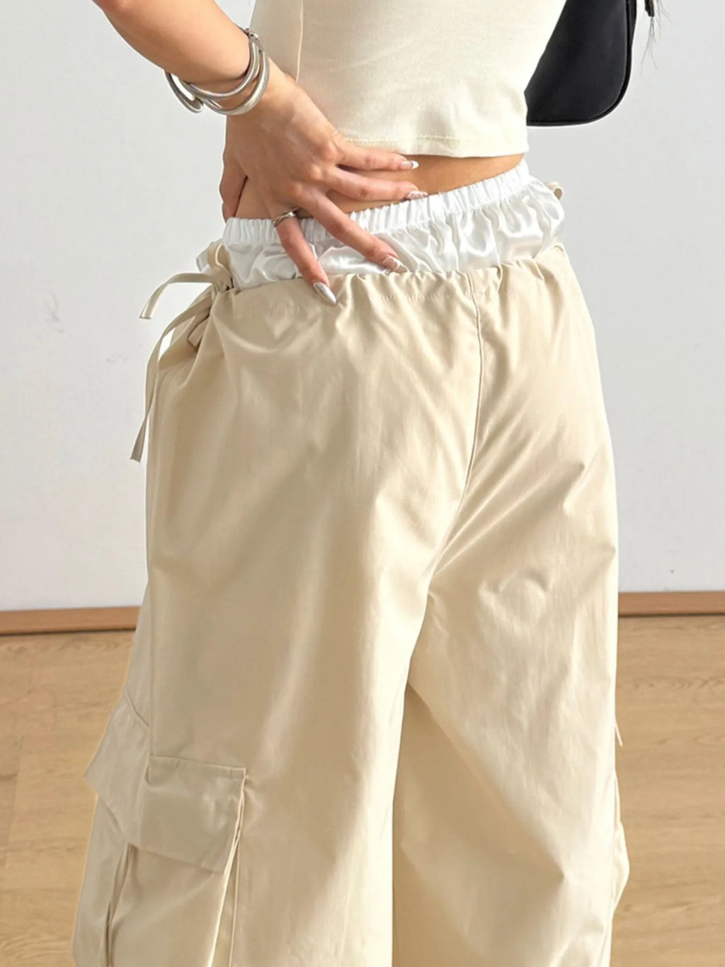 Bow Elastic Waist Cargo Pants - Girly Tea
