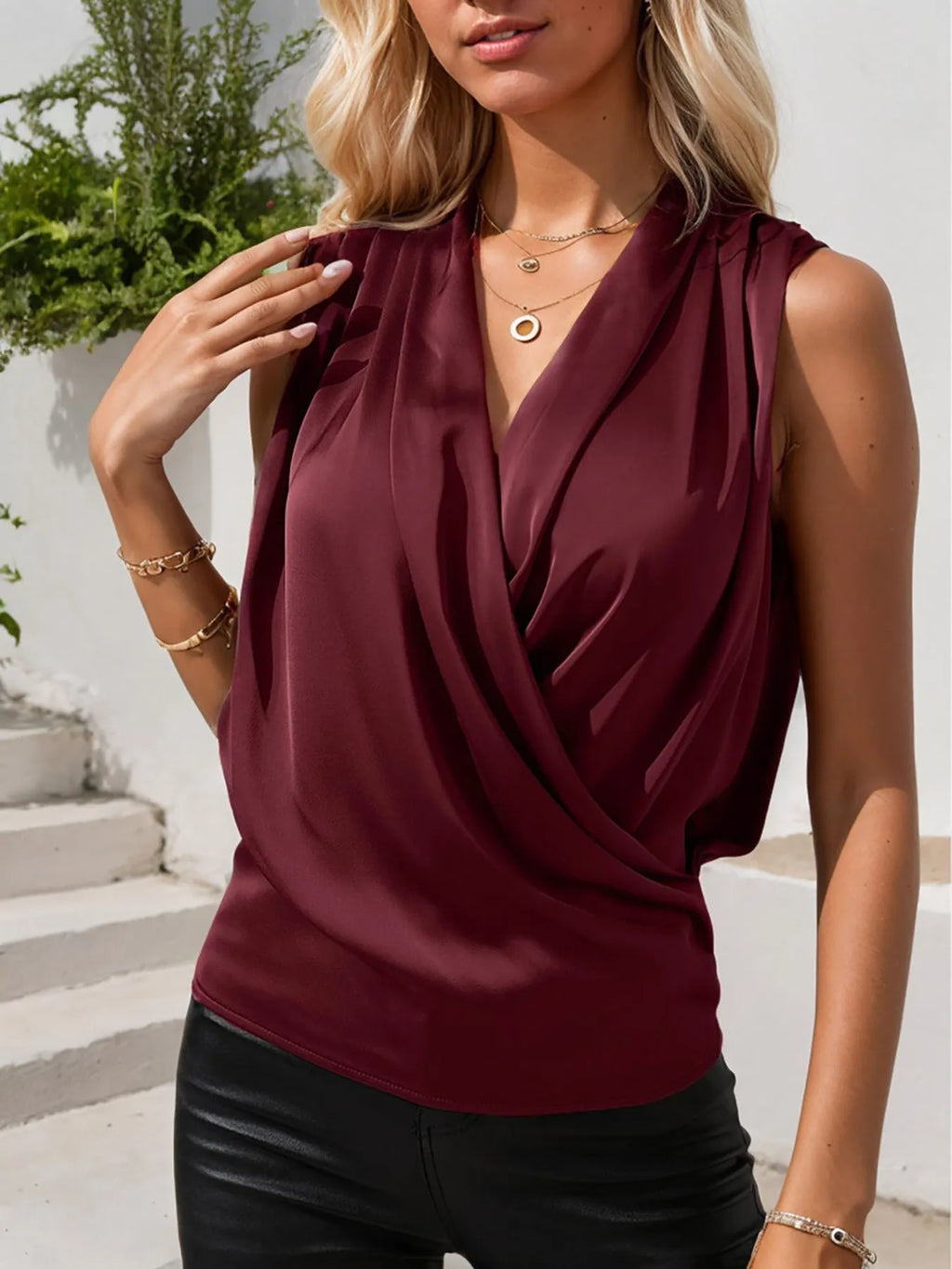 Ruched Surplice Sleeveless Top - Girly Tea