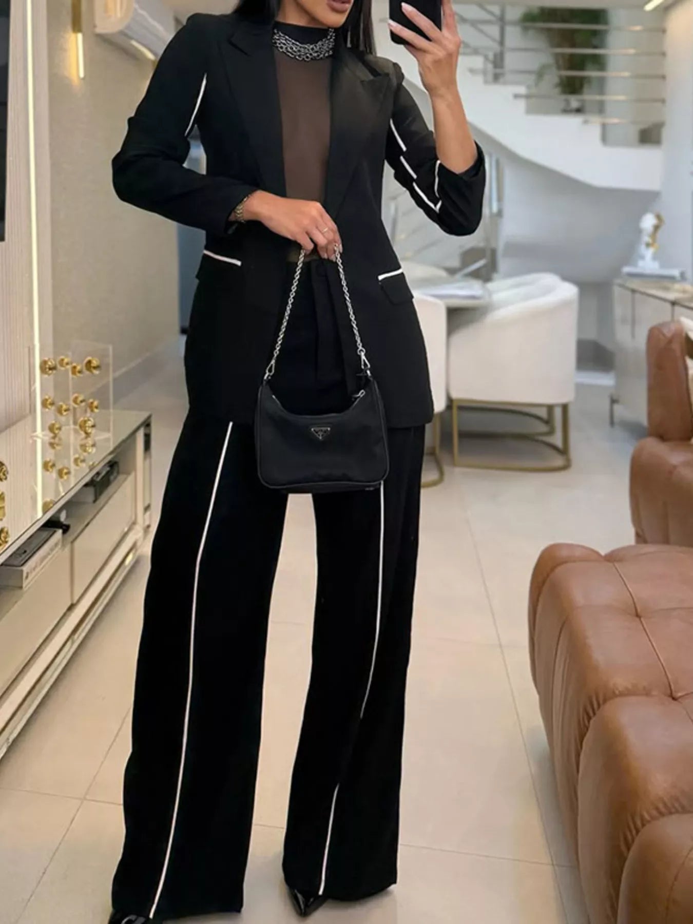 Contrast Trim Blazer & Wide Leg Pants Set - Girly Tea