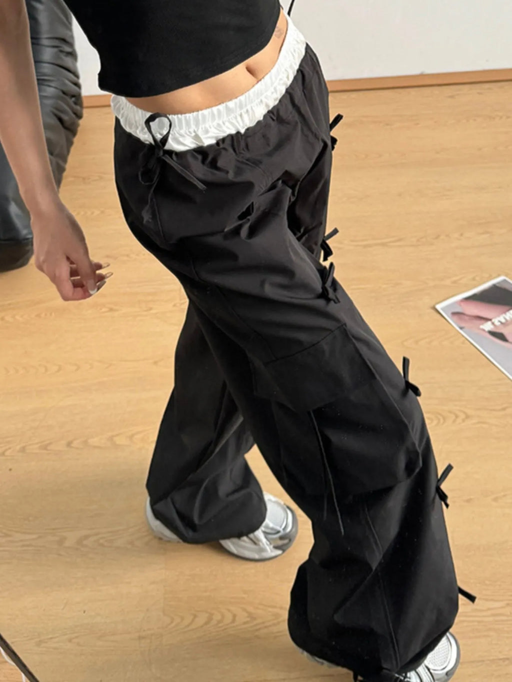 Bow Elastic Waist Cargo Pants - Girly Tea