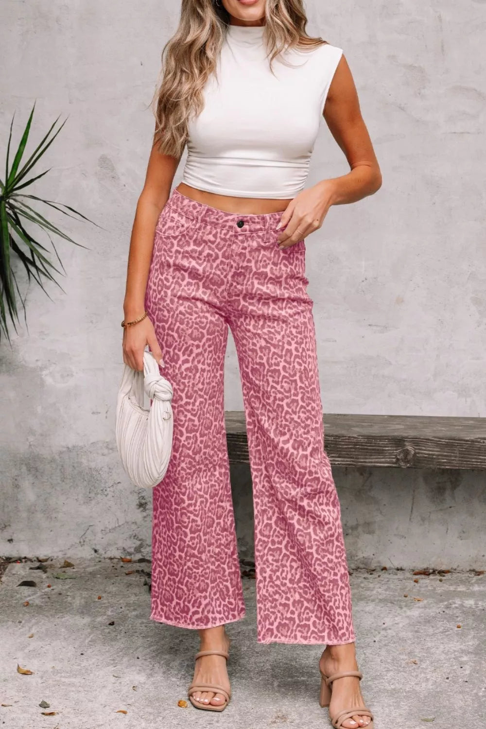 Leopard Frayed Edge Wide Leg High Waist Jeans - Girly Tea