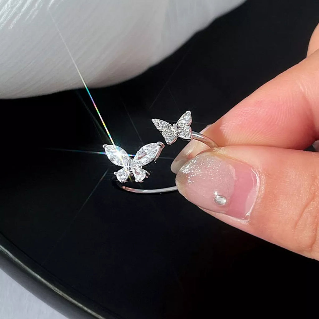 925 Sterling Silver Zircon Butterfly Open Ring - Girly Tea