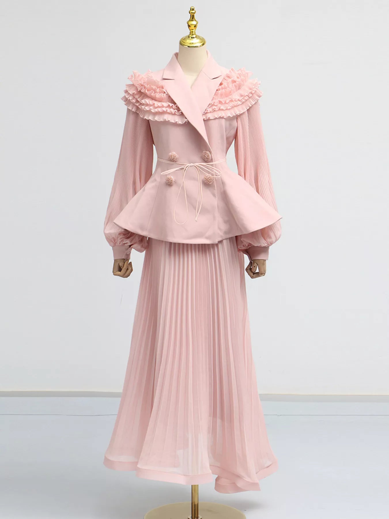 Frill Lapel Collar Top and Pleated Skirt Set - Girly Tea