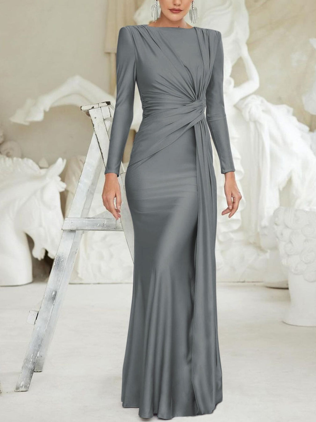 Ruched Knot Front Long Sleeve Maxi Dress - Girly Tea