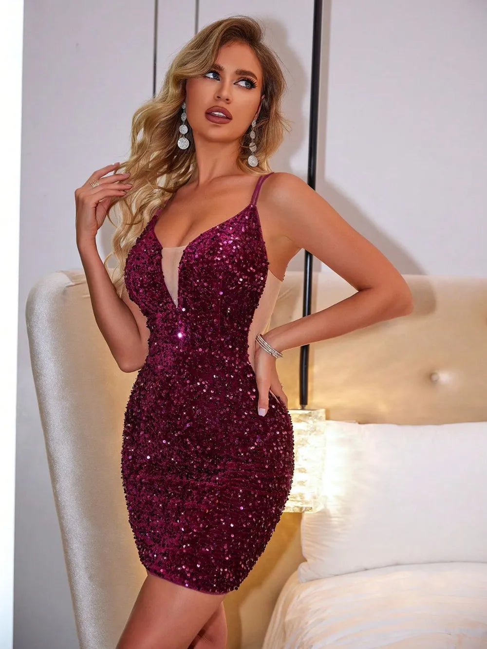 Lace-Up Sequin Plunge Sleeveless Dress - Girly Tea