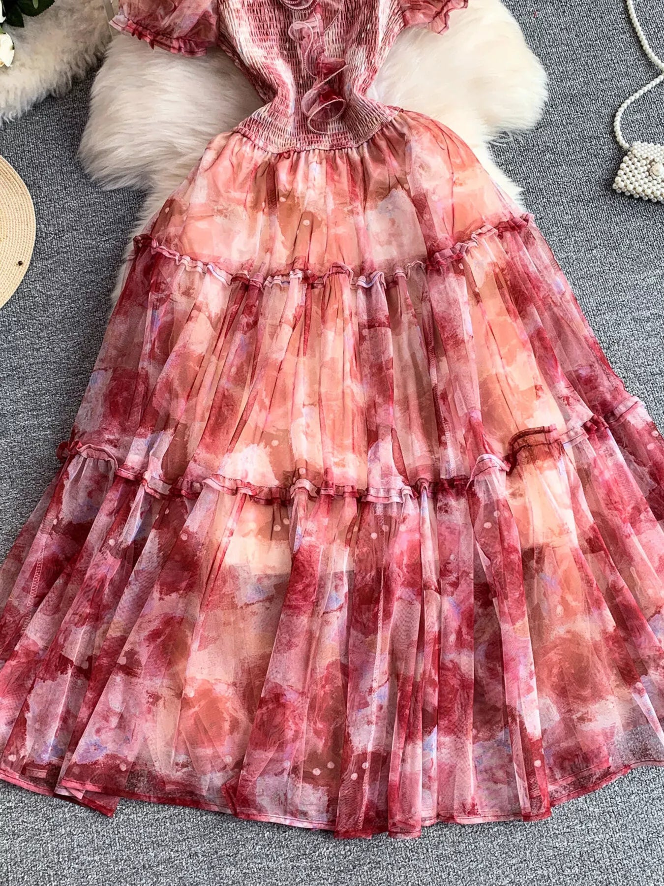Smocked Floral Tiered Mesh Midi Dress - Girly Tea