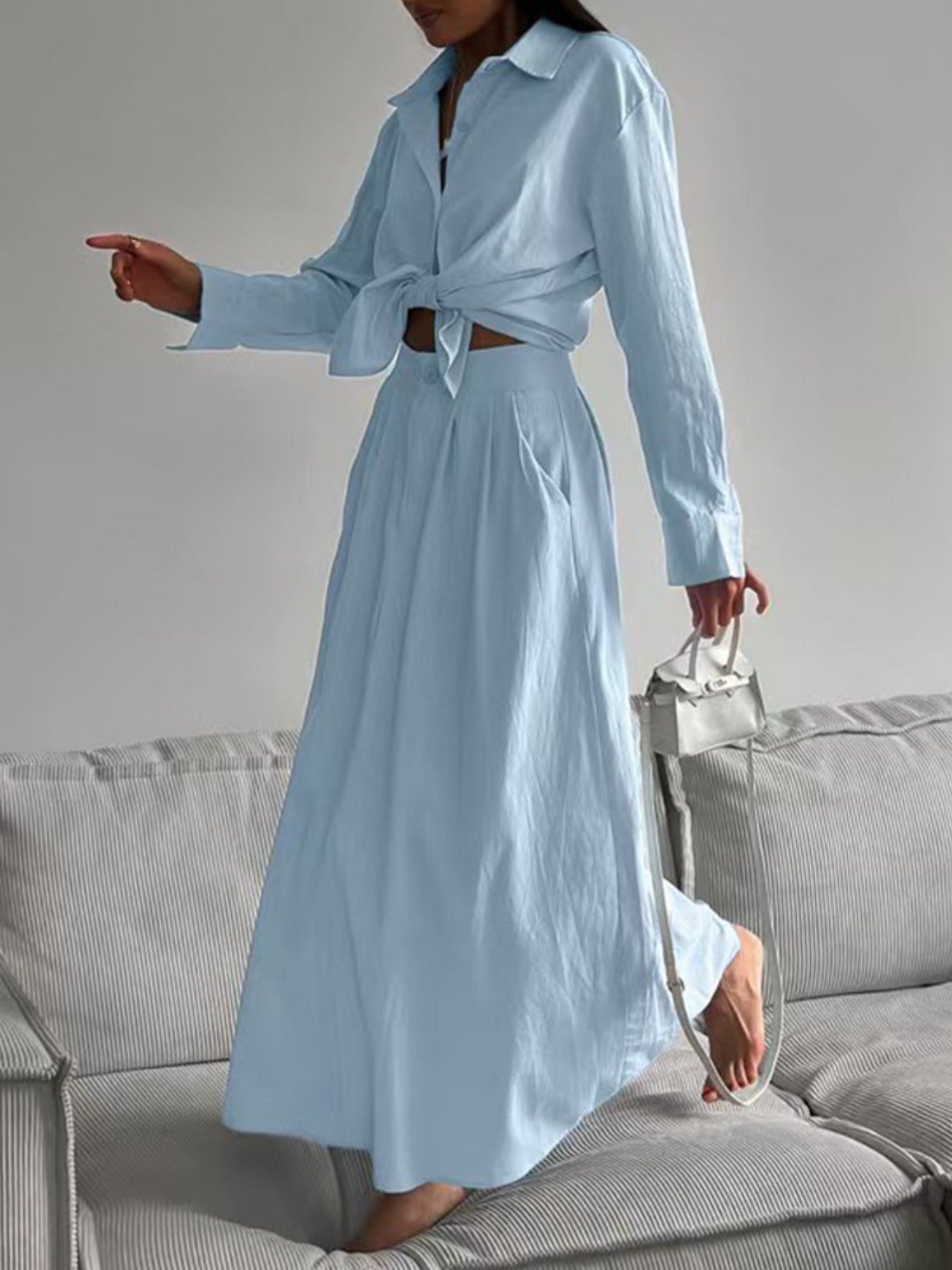 Tie-Front Shirt and Maxi Skirt Set - Girly Tea