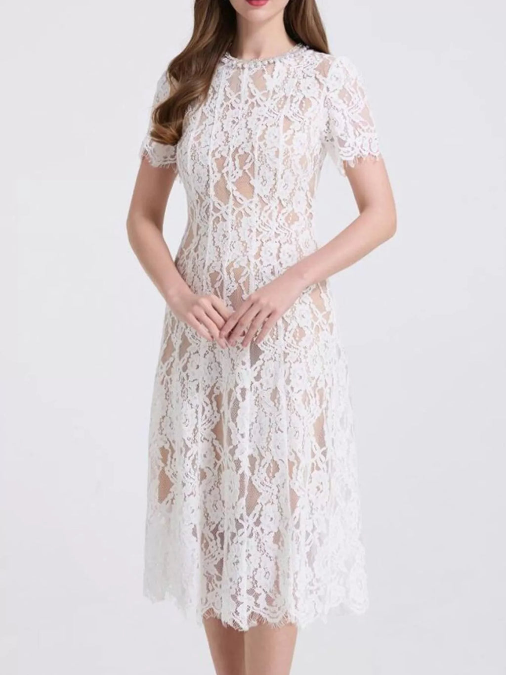 Lace Pearl Neckline Midi Dress - Girly Tea