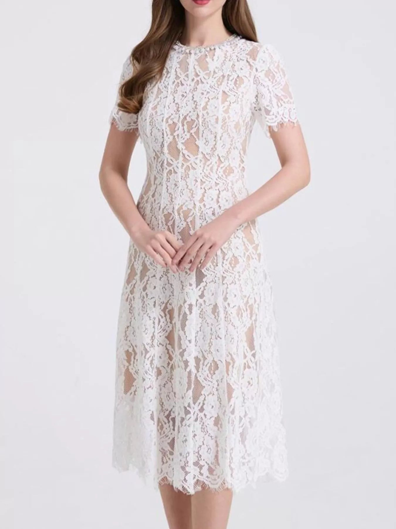 Lace Pearl Neckline Midi Dress - Girly Tea