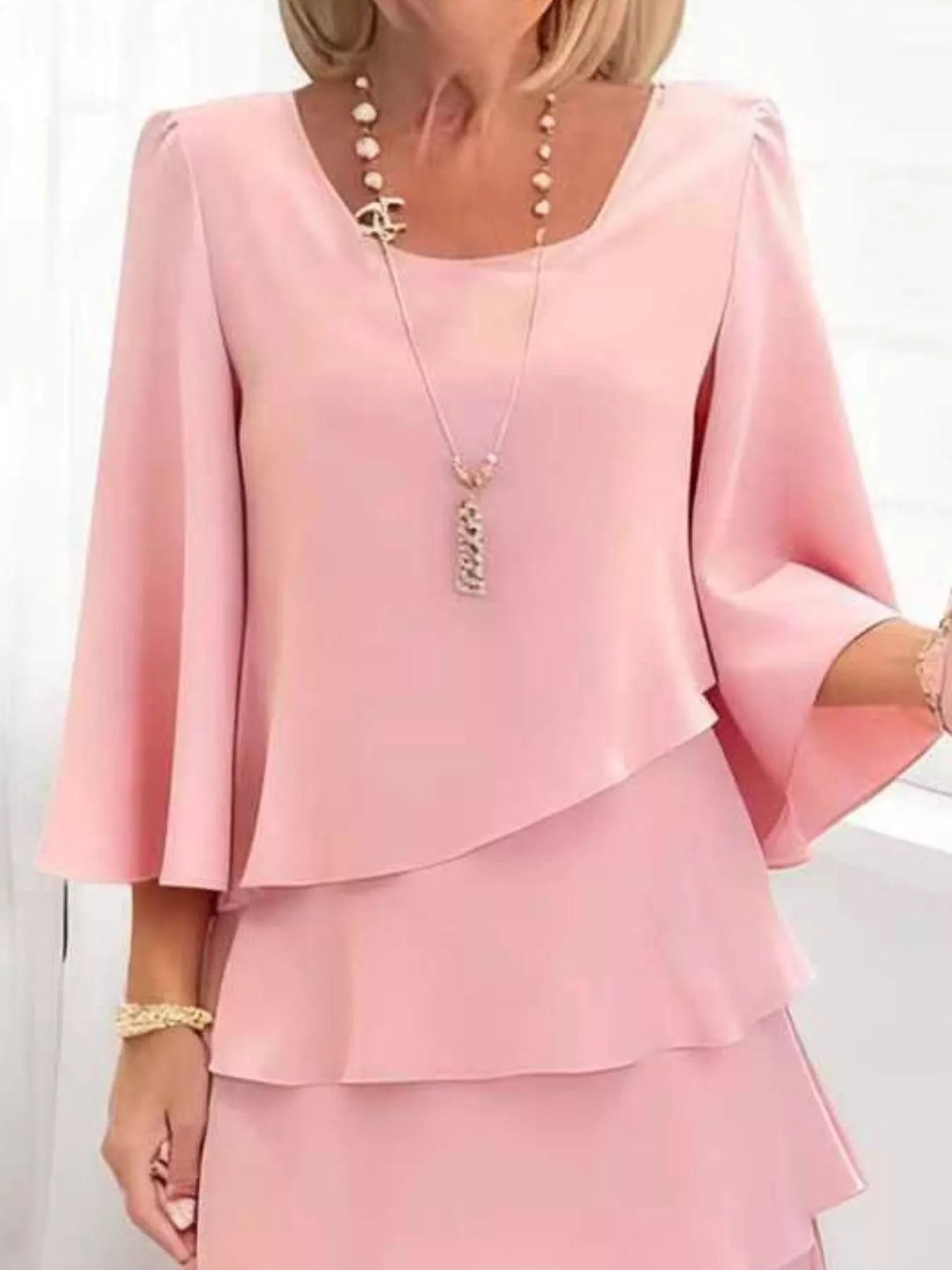 Full Size Ruffled Layered 3/4 Sleeve Dress Plus Size - Girly Tea