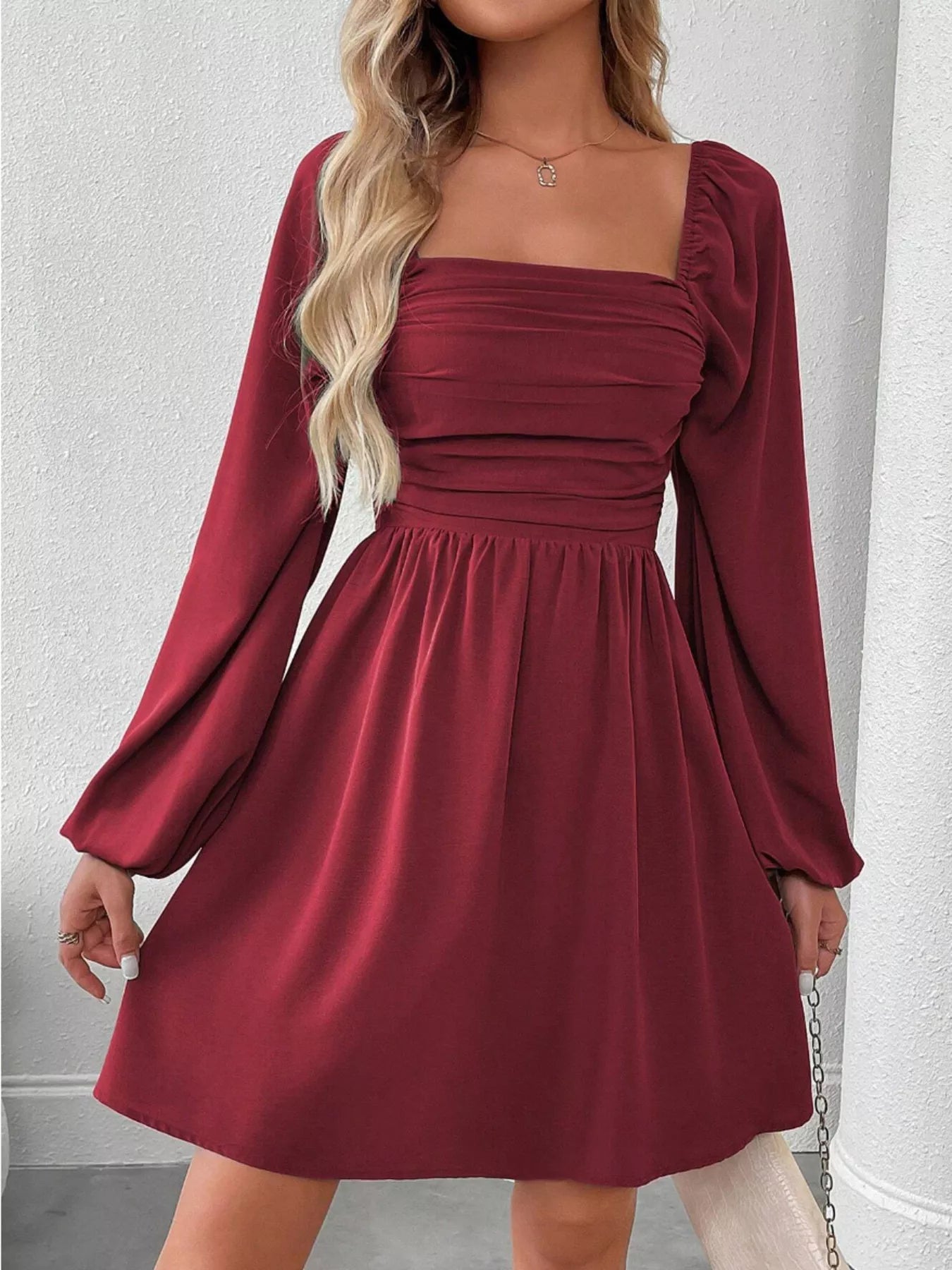 Ruched Square Neck Long Sleeve A-Line Dress - Girly Tea