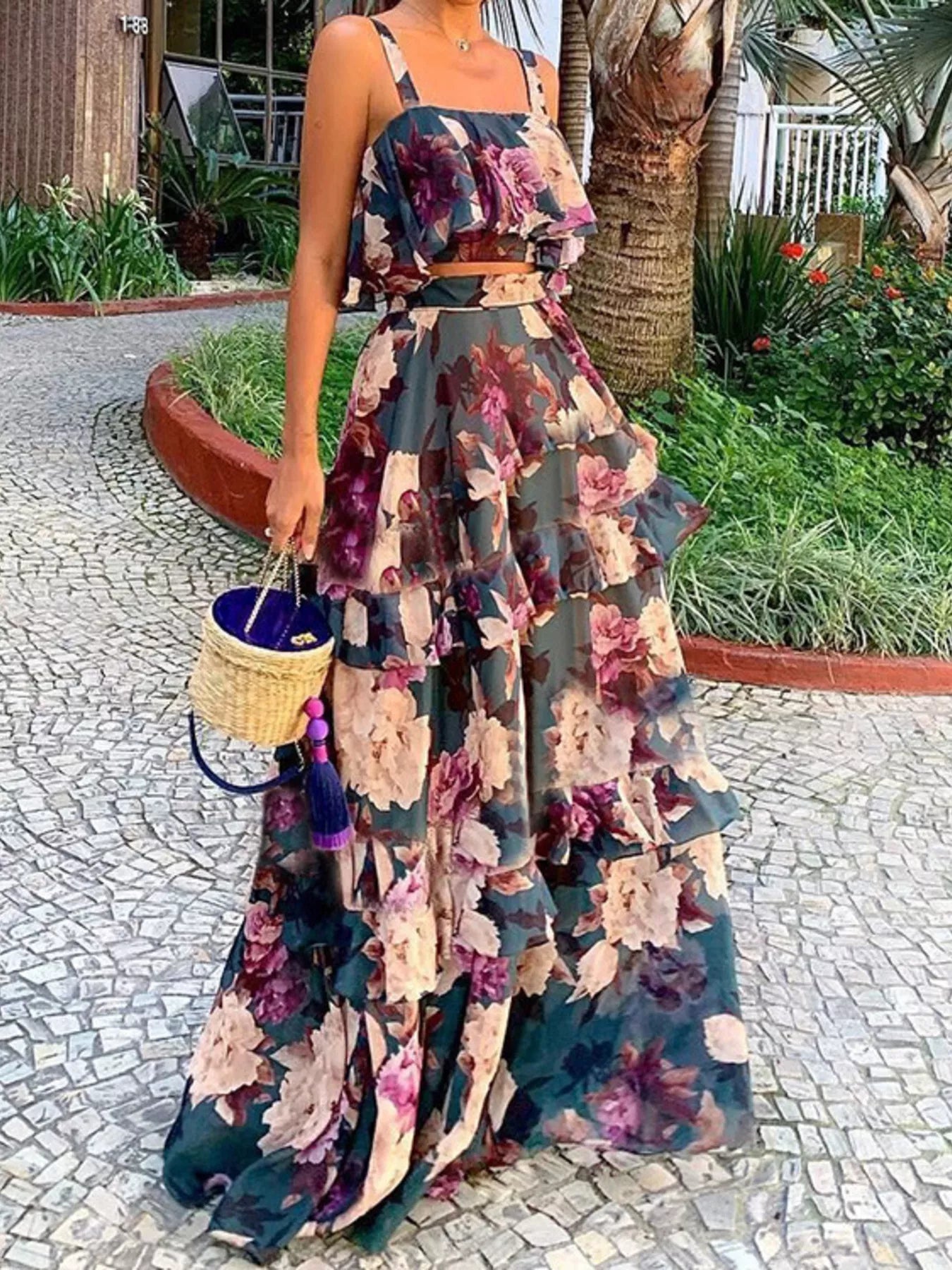 Floral Print Ruffle Cami and Skirt Two-Piece Set - Girly Tea