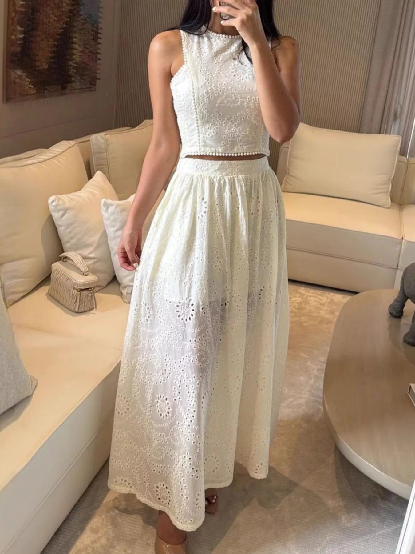 Eyelet Crop Top and Maxi Skirt Set - Girly Tea