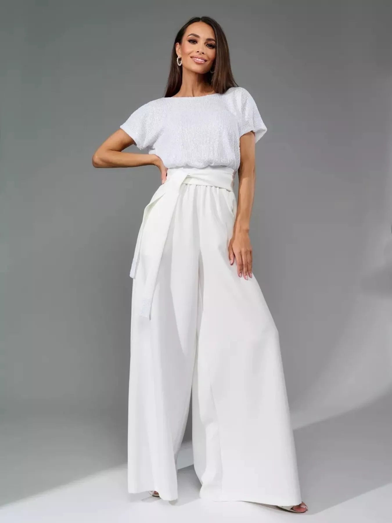 Full Size Sequin Short Sleeve Wide Leg Jumpsuit Plus Size - Girly Tea