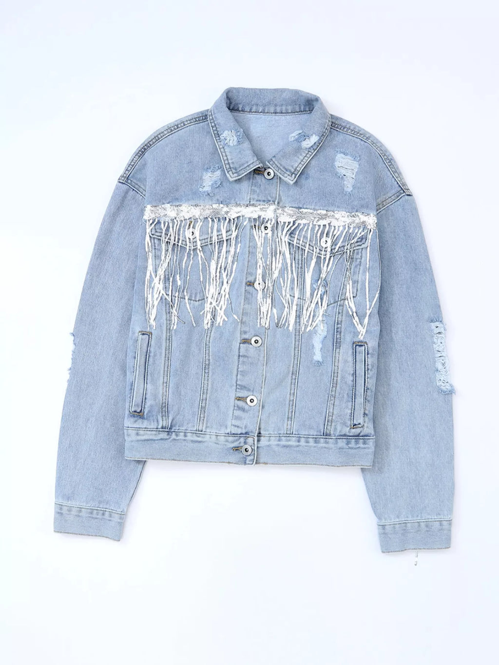 Fringed Sequin Embellished Denim Jacket - Girly Tea