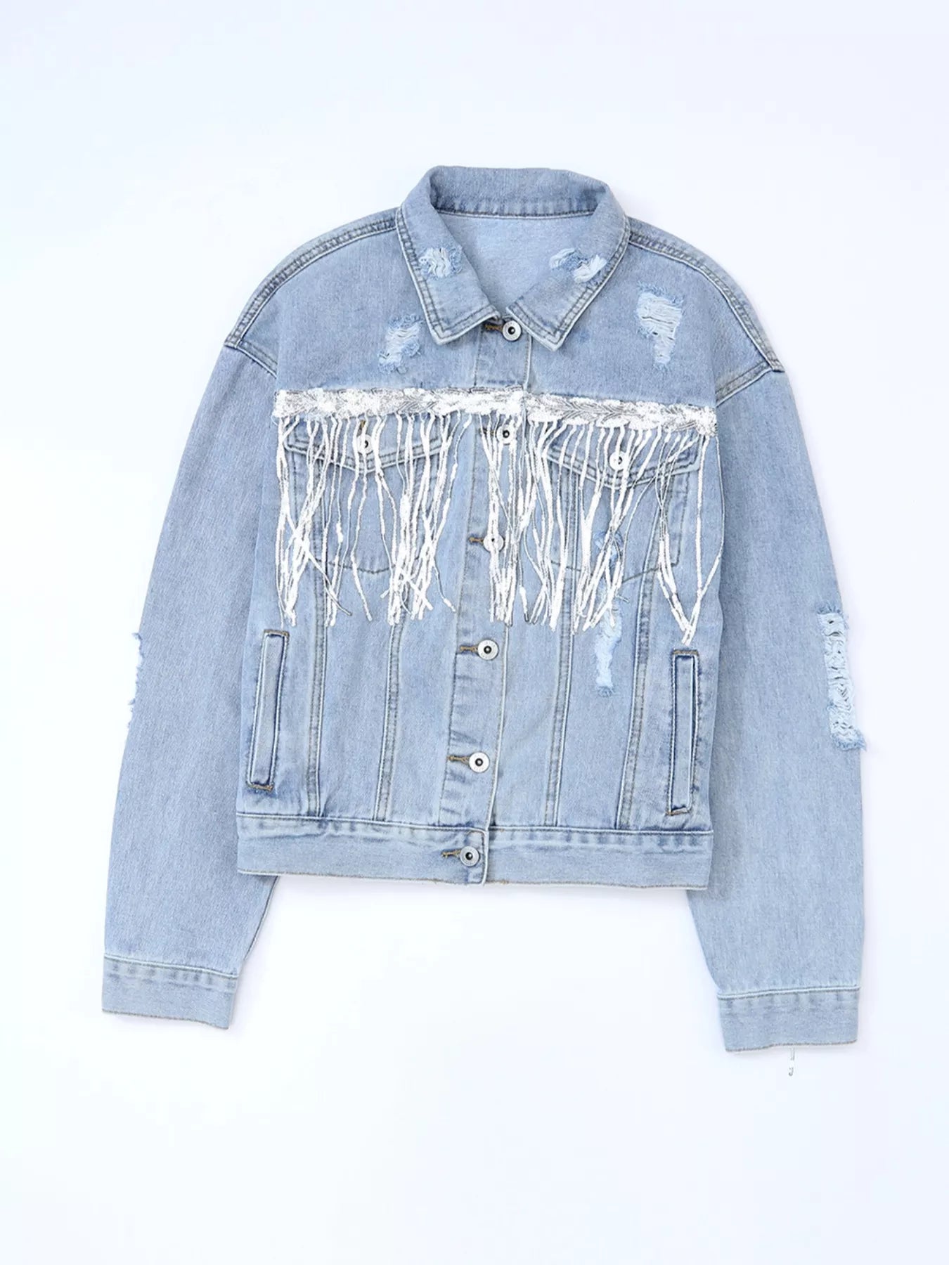 Fringed Sequin Embellished Denim Jacket - Girly Tea