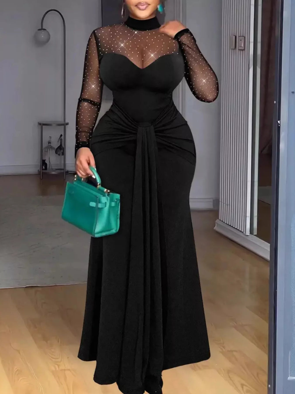 Mesh Mock Neck Long Sleeve Maxi Dress - Girly Tea