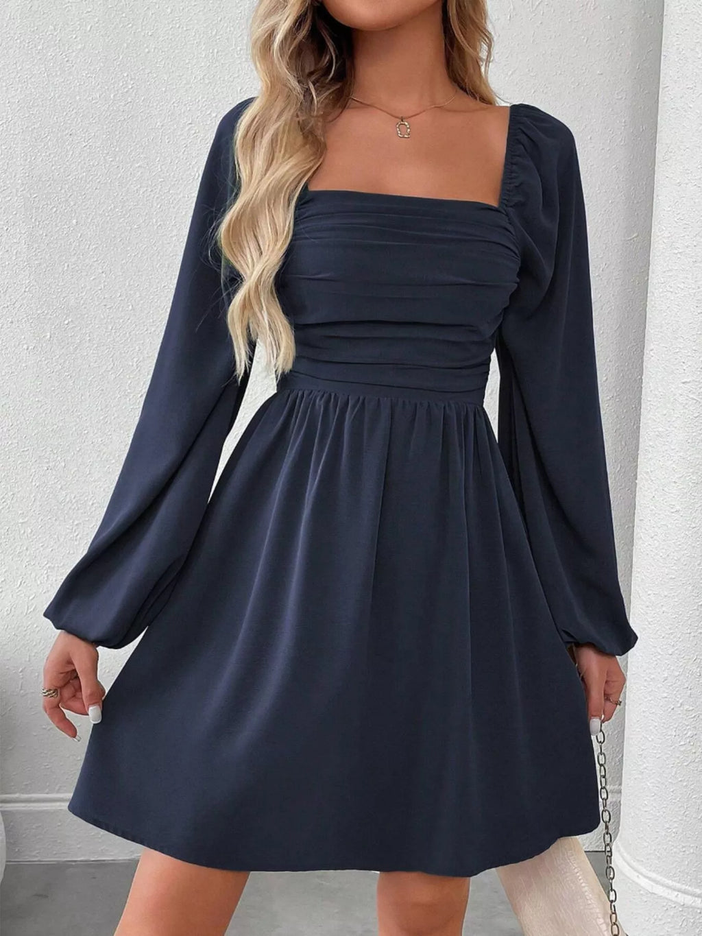 Ruched Square Neck Long Sleeve A-Line Dress - Girly Tea