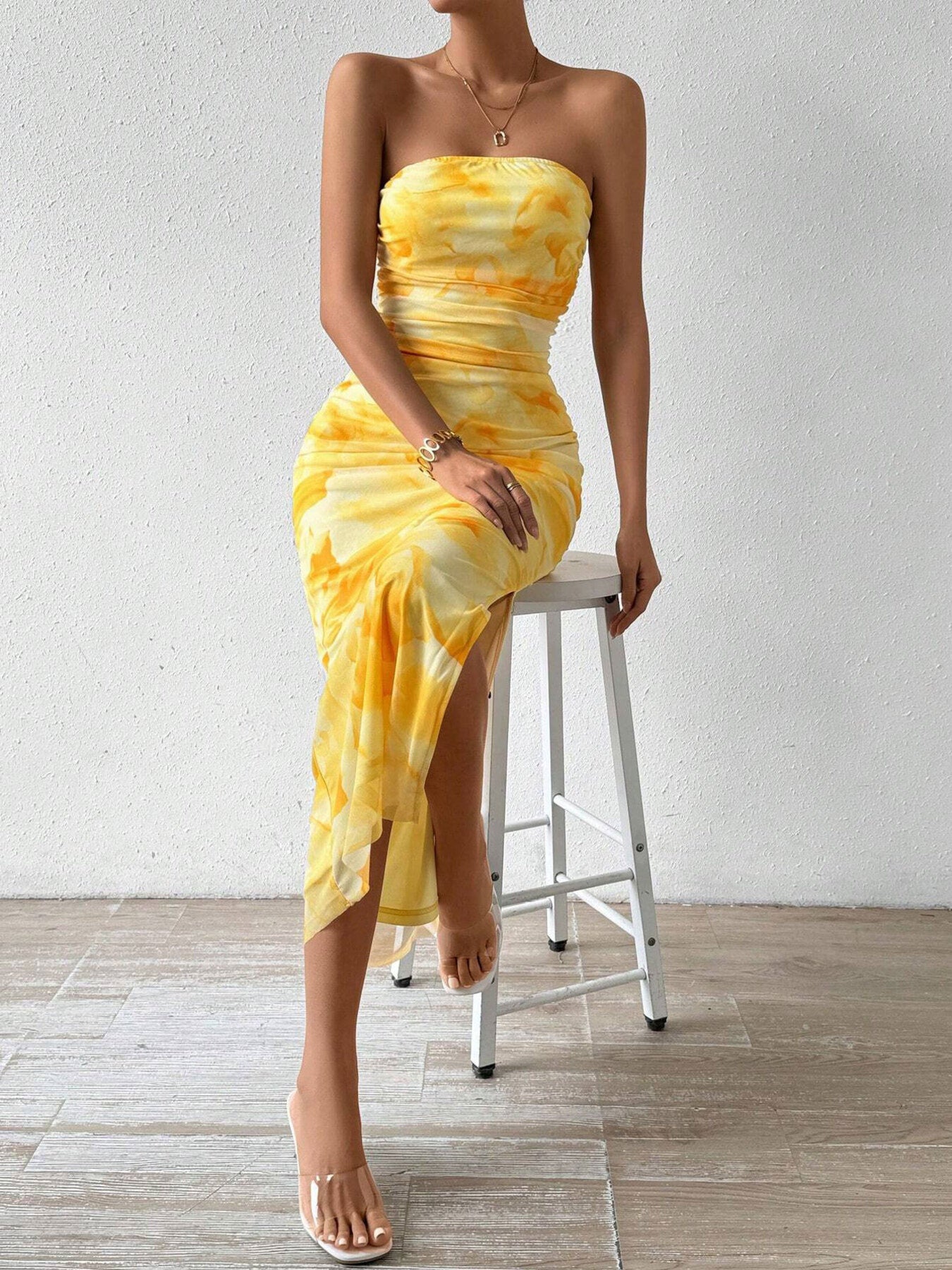Ruched Strapless Bodycon Midi Dress - Girly Tea