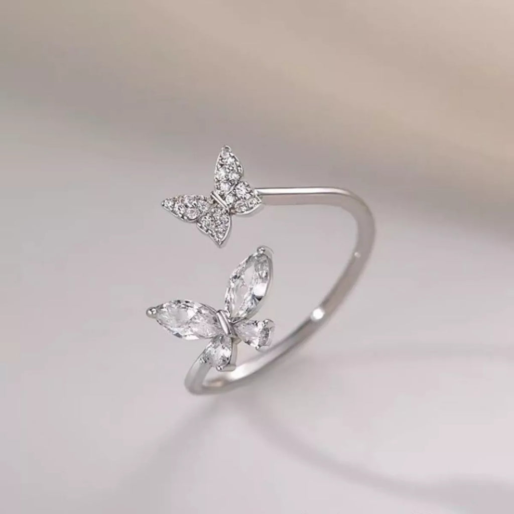 925 Sterling Silver Zircon Butterfly Open Ring - Girly Tea