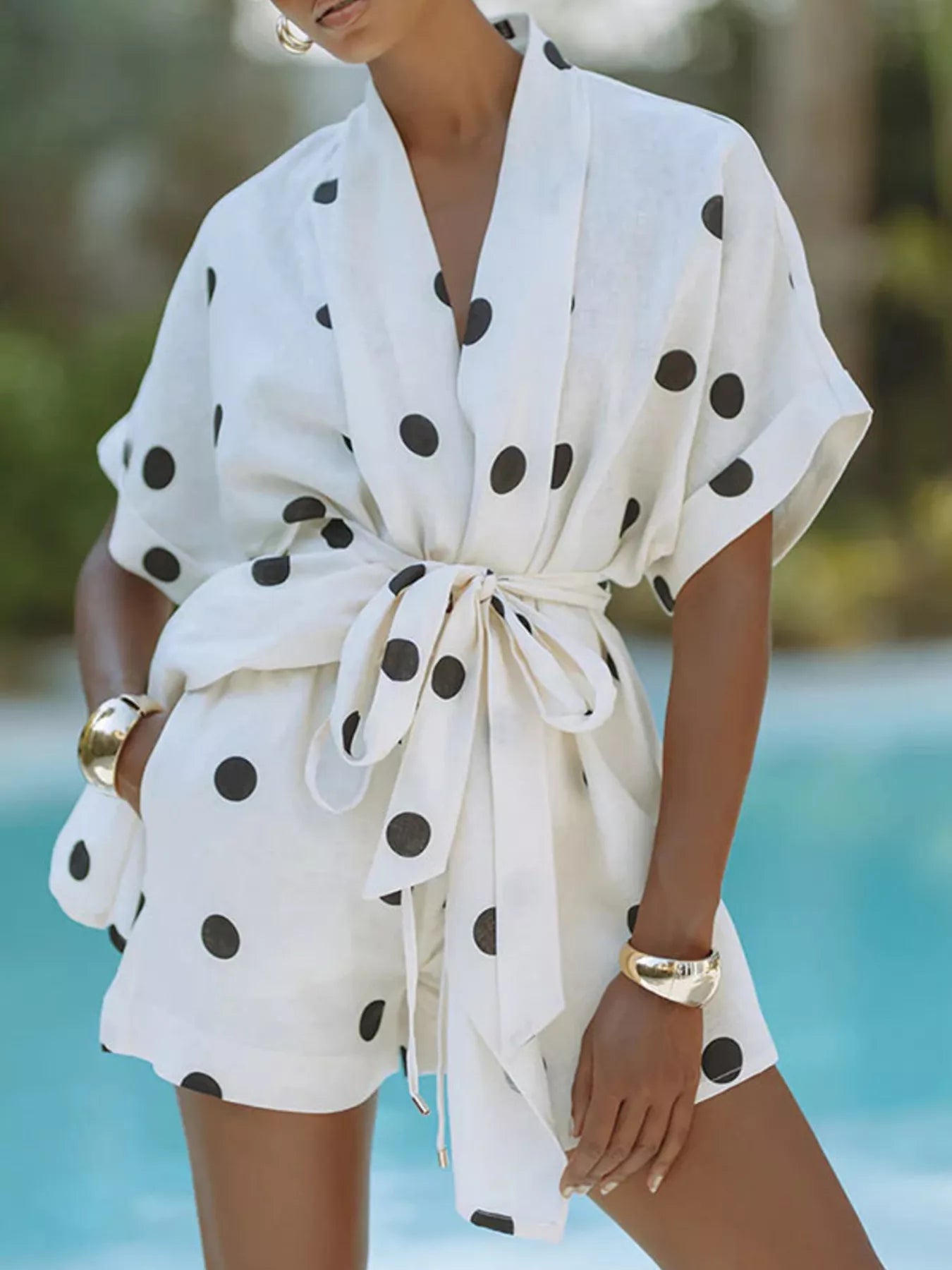 Polka Dot Tie Waist Top and Shorts Set - Girly Tea