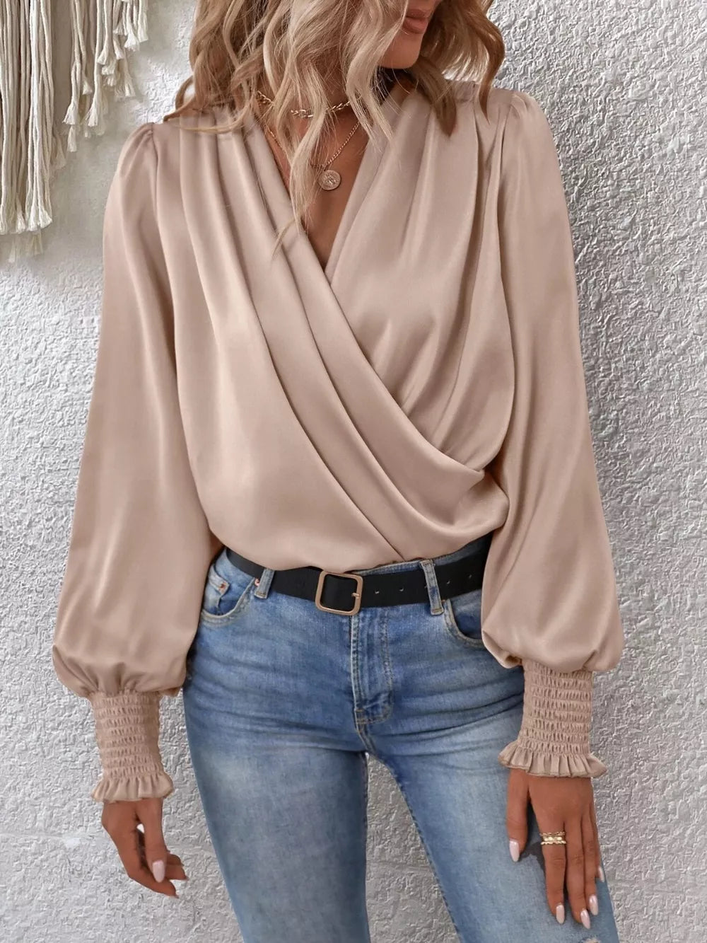 Surplice Smocked Lantern Sleeve Blouse - Girly Tea