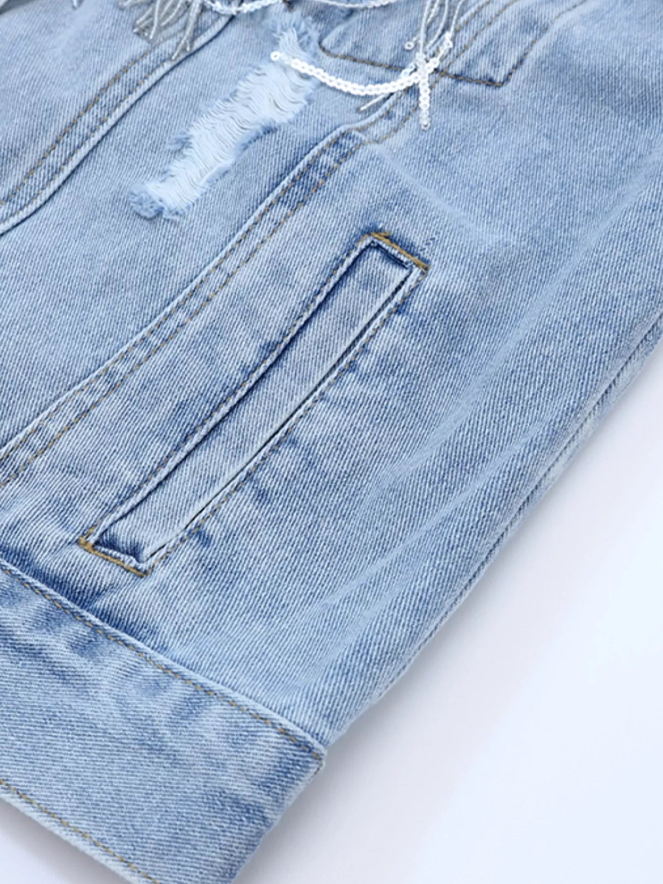 Fringed Sequin Embellished Denim Jacket - Girly Tea