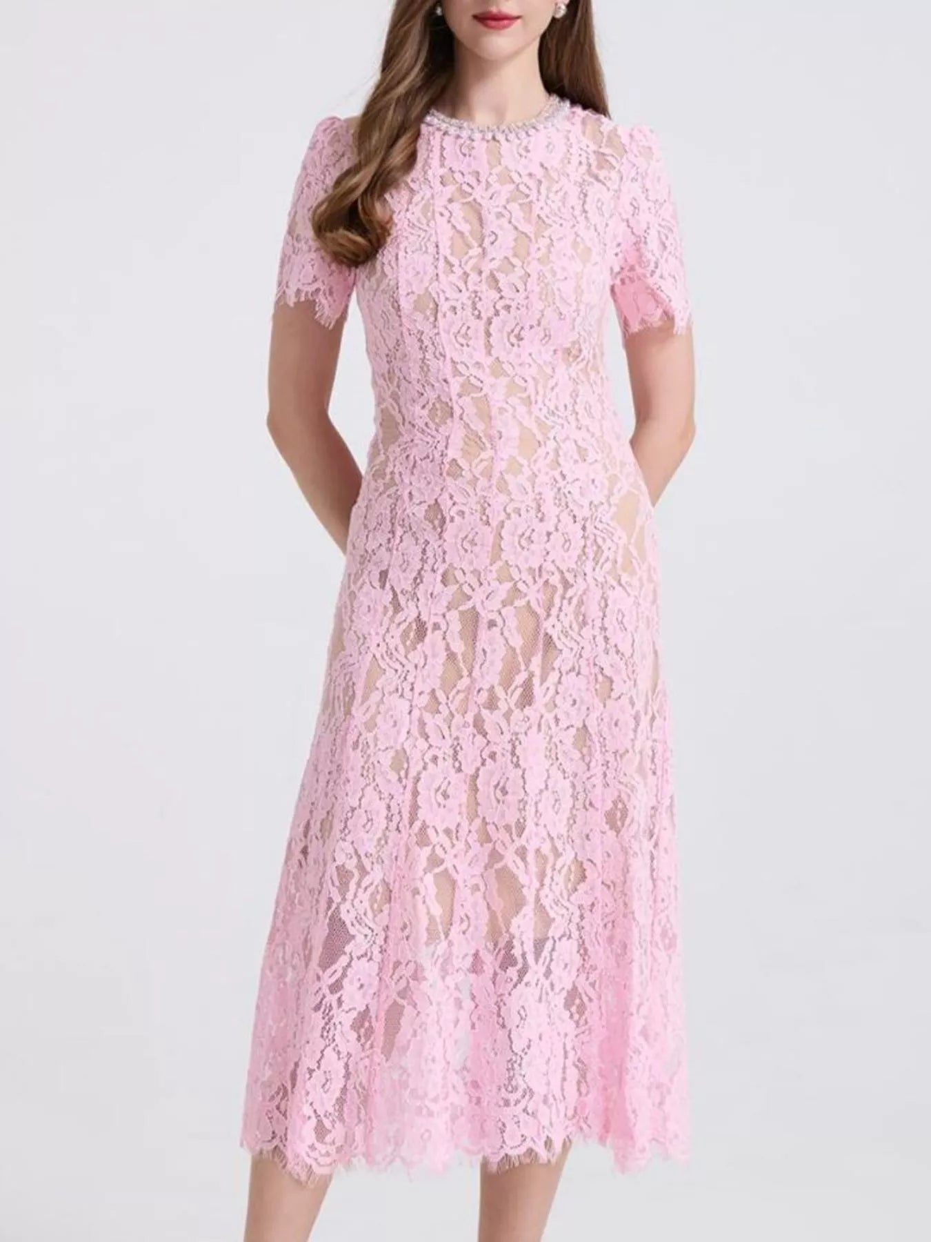 Lace Pearl Neckline Midi Dress - Girly Tea