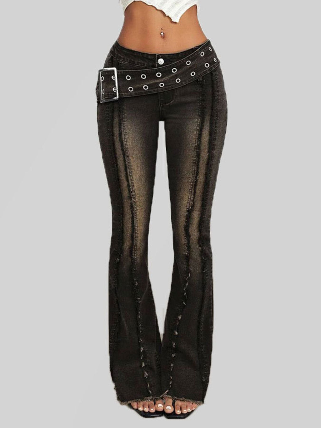 Belted High Waist Flare Jeans - Girly Tea