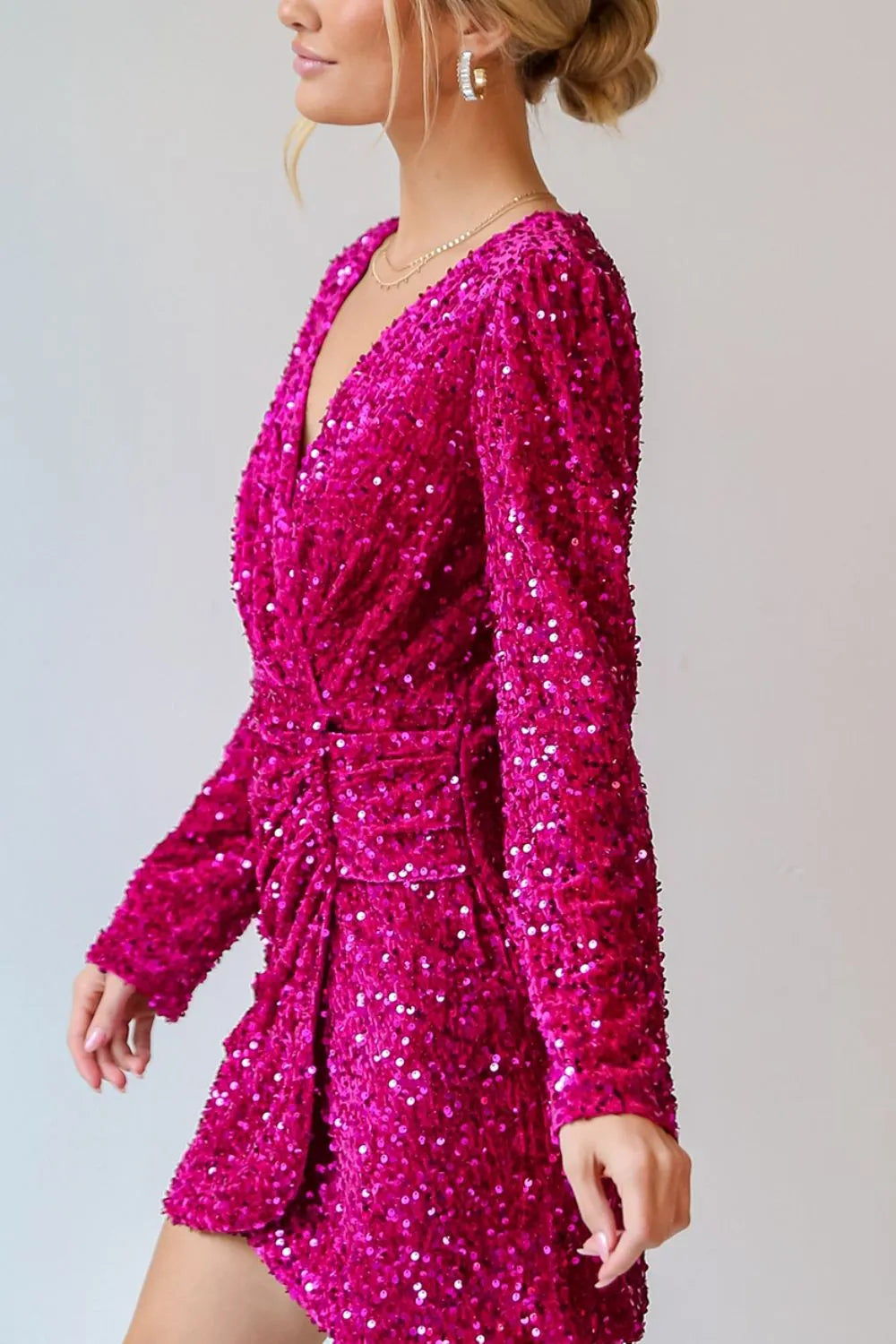 Sequin Surplice Long Sleeve Mini Dress - Girly Tea
