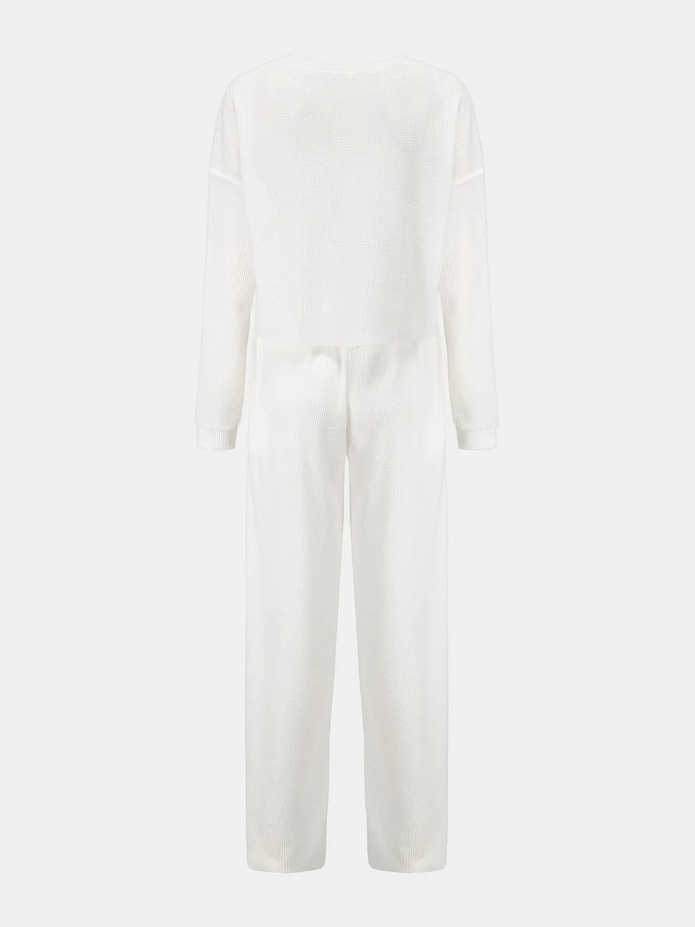Waffle-Knit Round Neck Top and Pants Set - Girly Tea