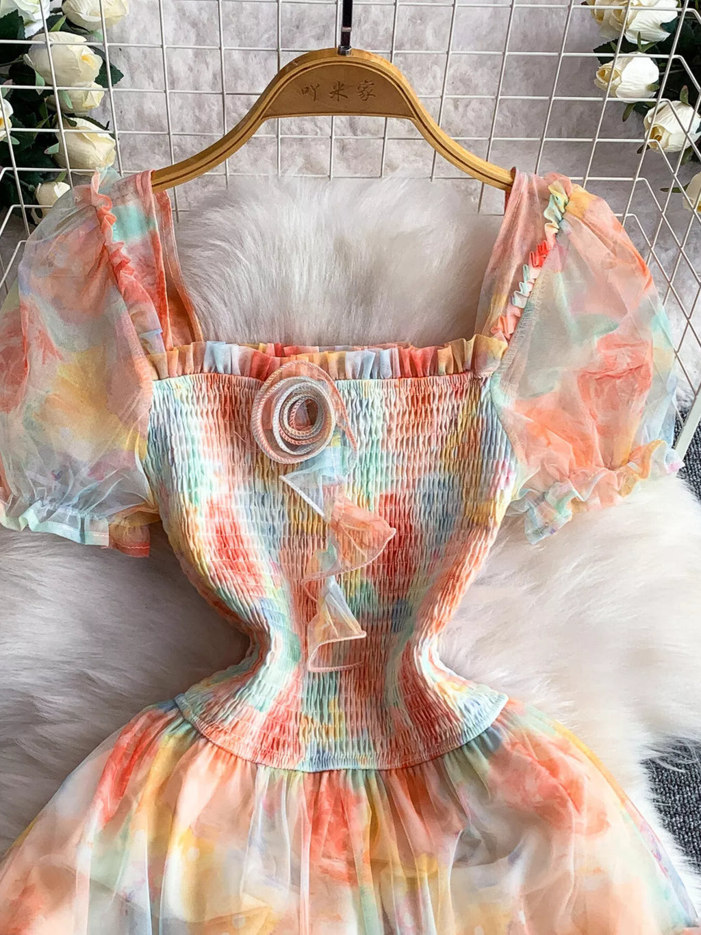 Smocked Floral Tiered Mesh Midi Dress - Girly Tea