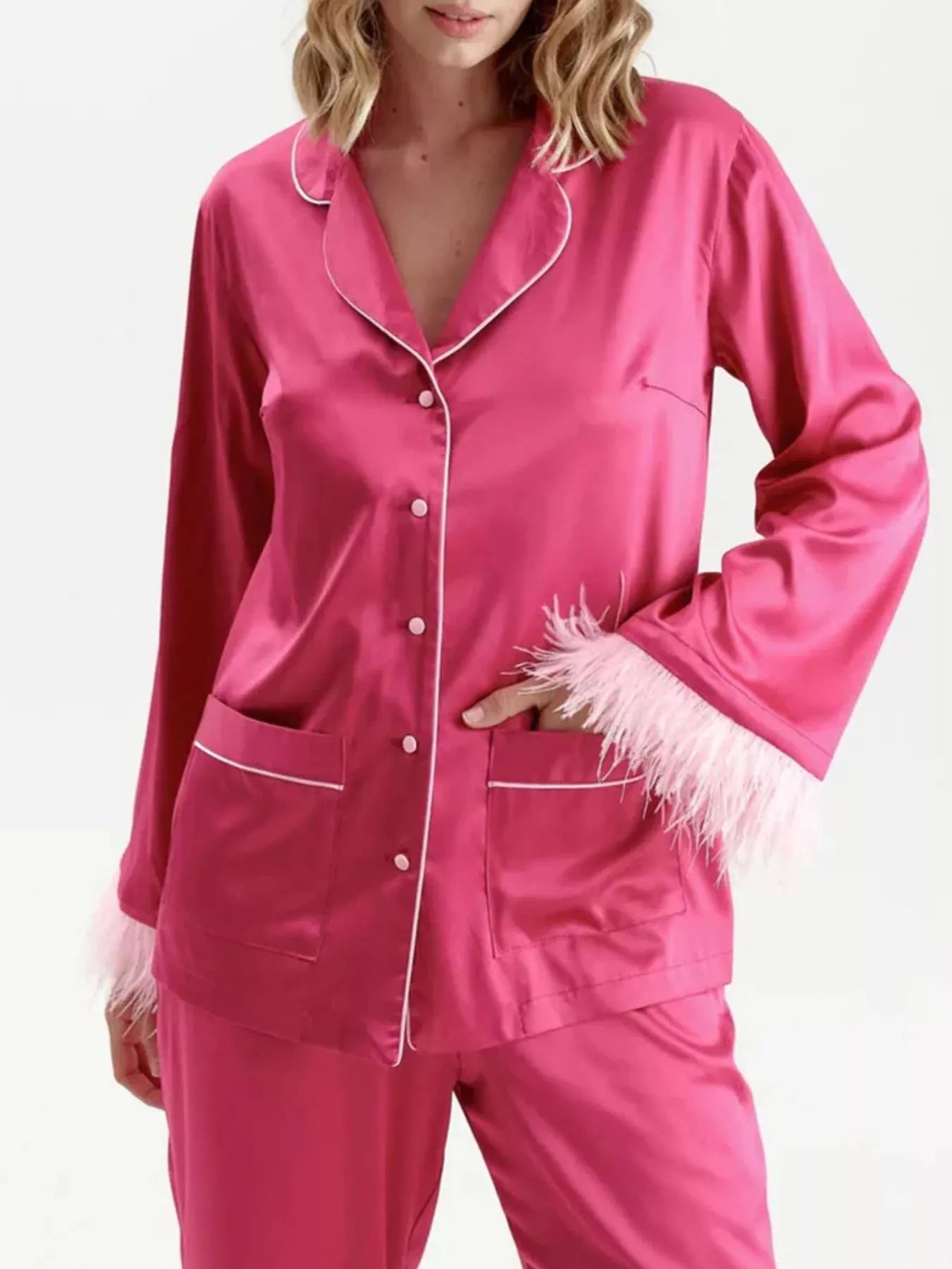 Silky Button Up Top and Pants Lounge Set - Girly Tea