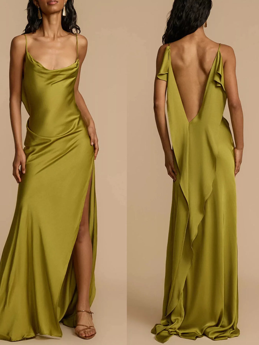 Satin Cowl Neck Slit Maxi Dress - Girly Tea