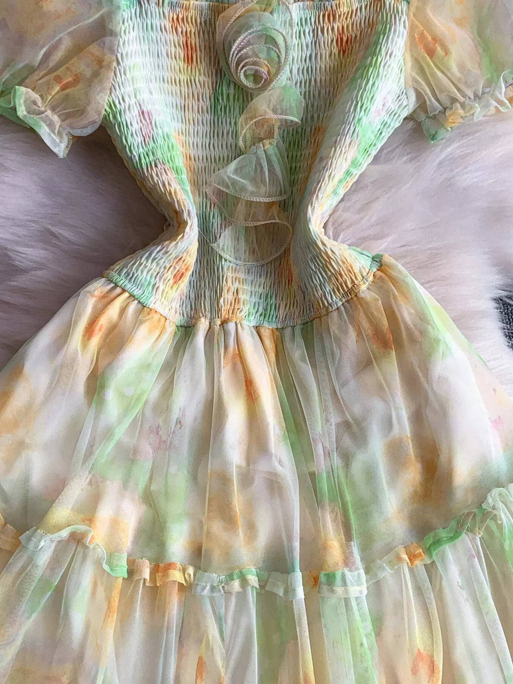 Smocked Floral Tiered Mesh Midi Dress - Girly Tea