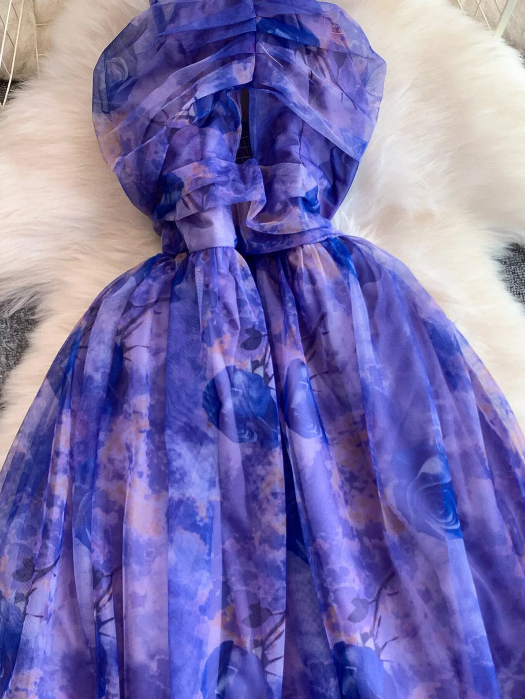Floral Print Ruffled Layered Mesh Dress - Girly Tea