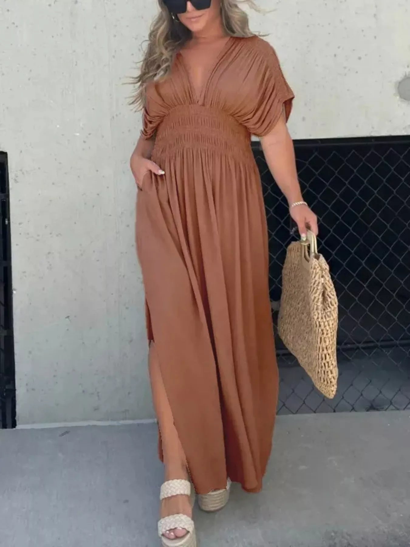 Full Size Slit V-Neck Smocked Waist Maxi Dress Plus Size - Girly Tea