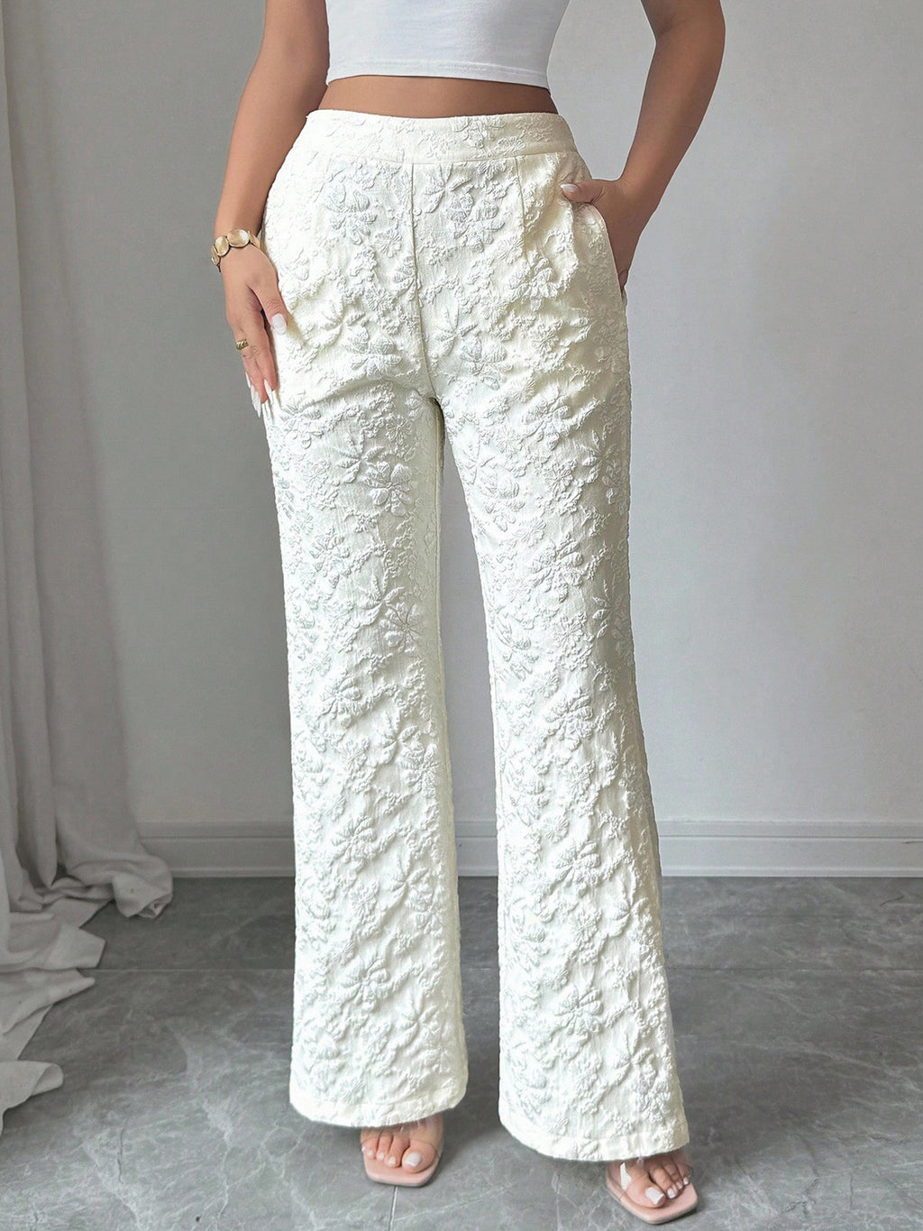 Textured High Waist Wide Leg Pants - Girly Tea